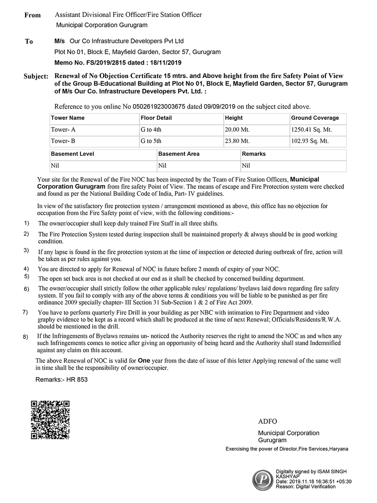 Fire safety certificate Presidium School Gurgaon